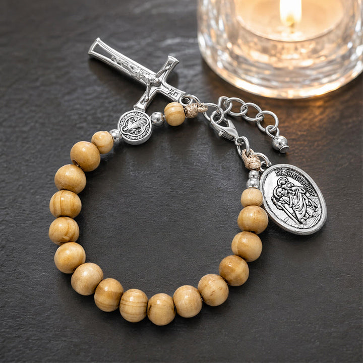 Christianartworkshop Natural Wood Bead St. Christopher Rosary Bracelet: Emblem of Safe Voyage Heavenly Protection - Light Natural Wood - image 13