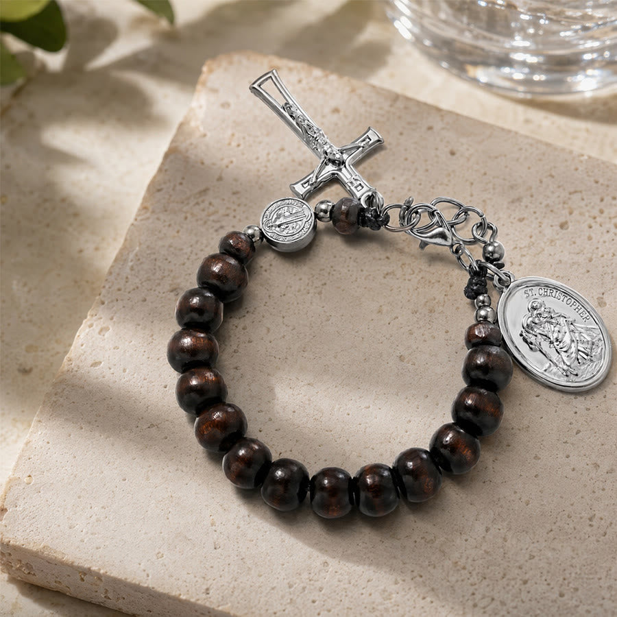 Christianartworkshop Natural Wood Bead St. Christopher Rosary Bracelet: Emblem of Safe Voyage Heavenly Protection - Dark Ebony Brown - image 19