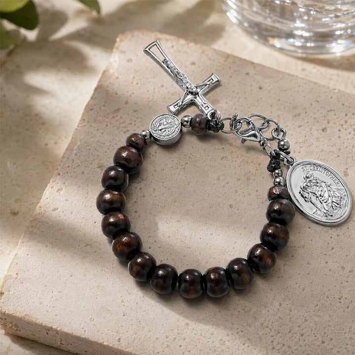 Christianartworkshop Natural Wood Bead St. Christopher Rosary Bracelet: Emblem of Safe Voyage Heavenly Protection - Dark Ebony Brown - image 19
