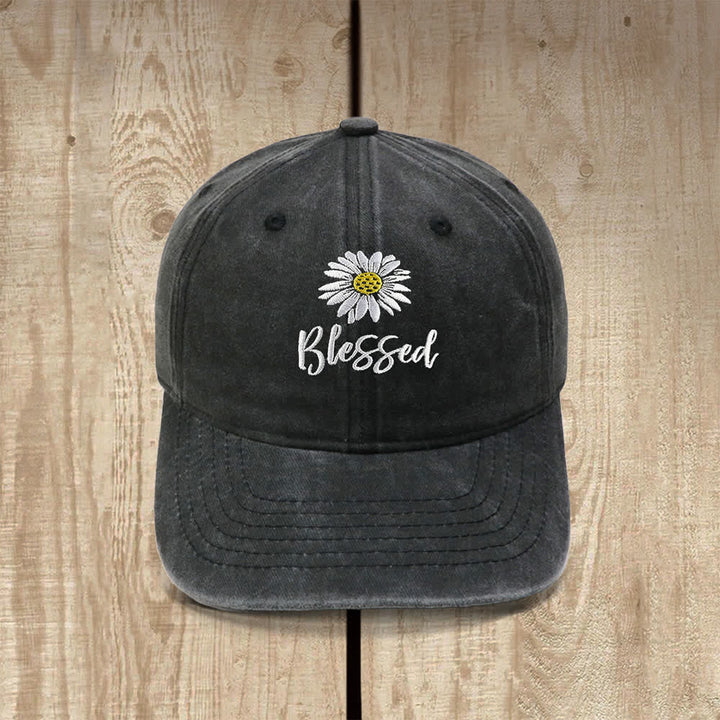 Christianartworkshop Blessed Daisy Floral Embroidered Classic Casual Hat - Black - image 1