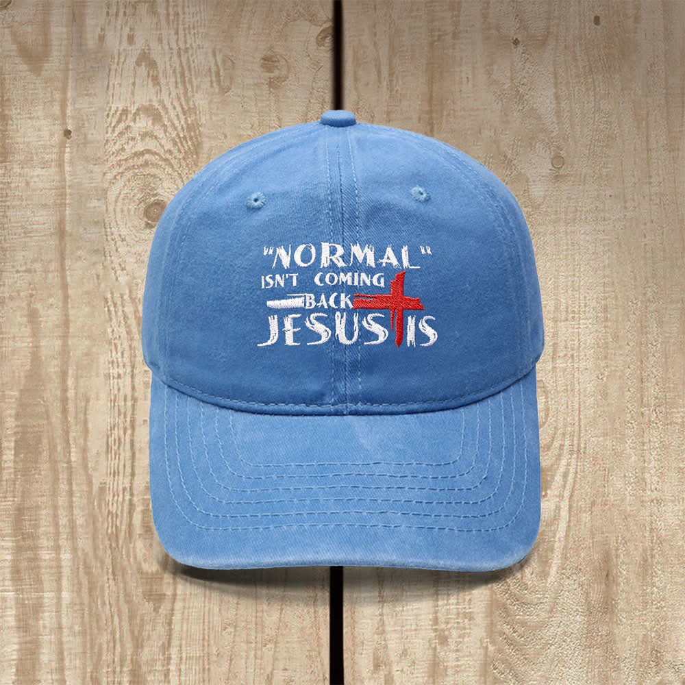 Christianartworkshop Normal Isn't Coming Back Jesus Is Cross Letter Embroidered Classic Casual Hat - Sky Blue - image 12