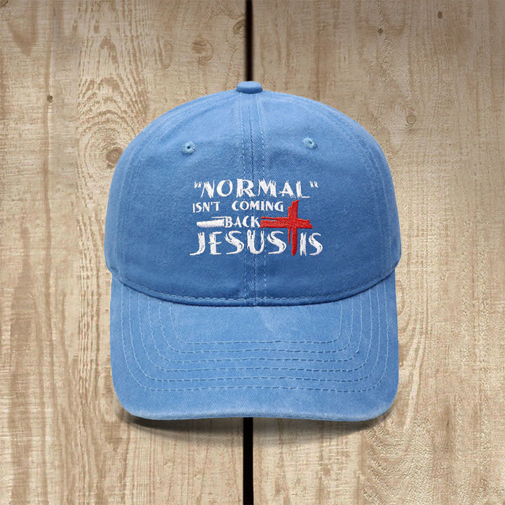 Christianartworkshop Normal Isn't Coming Back Jesus Is Cross Letter Embroidered Classic Casual Hat - Sky Blue - image 12