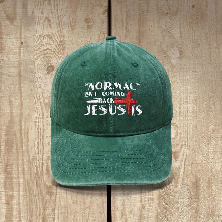 Christianartworkshop Normal Isn't Coming Back Jesus Is Cross Letter Embroidered Classic Casual Hat - Dark Green - image 9