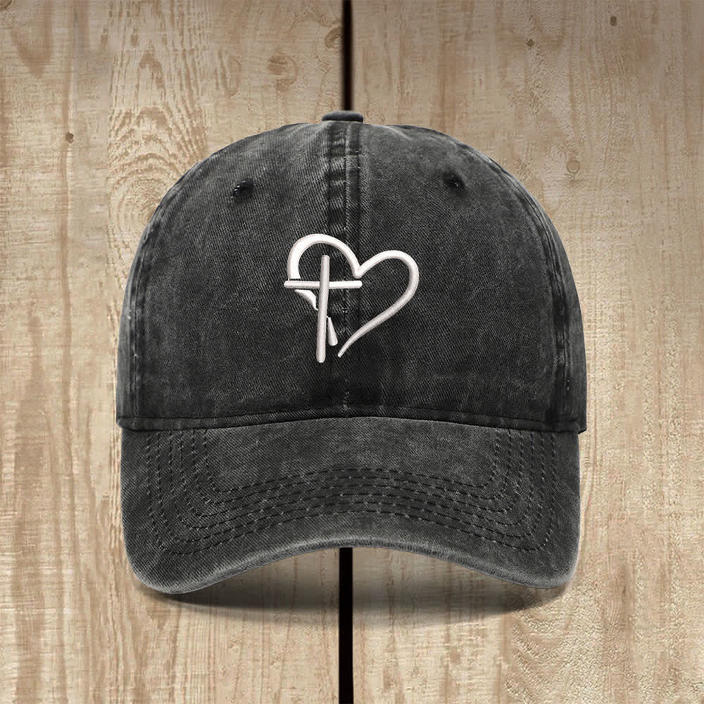 Christianartworkshop Heart Cross Symbol Embroidered Classic Casual Hat - Black - image 0
