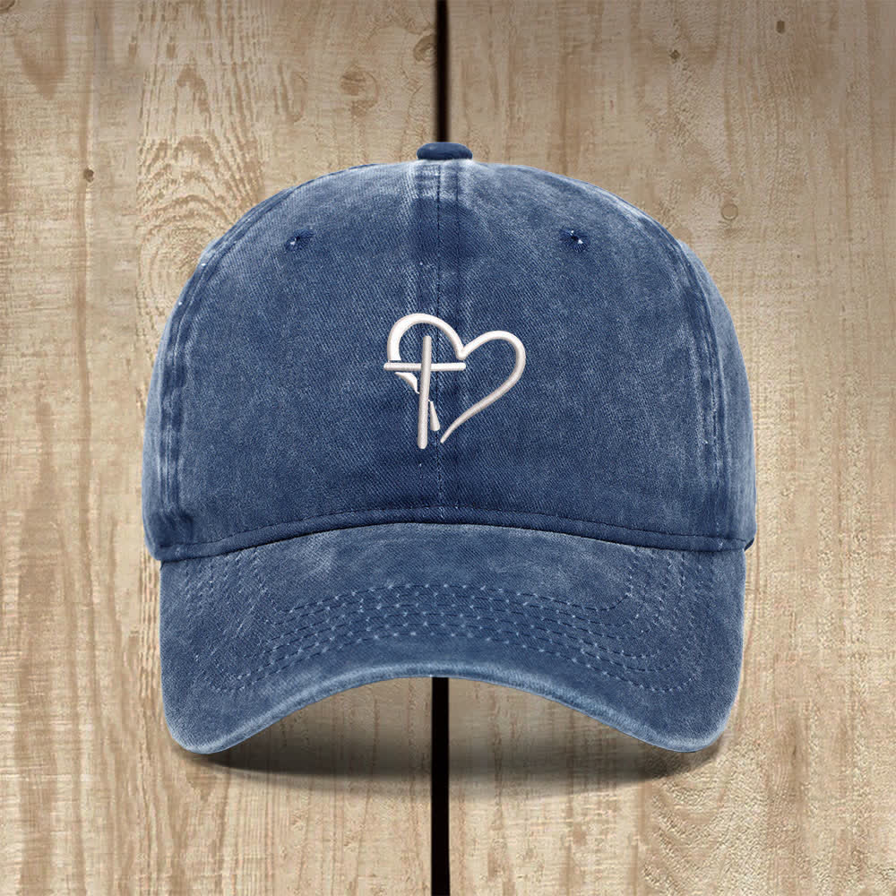 Christianartworkshop Heart Cross Symbol Embroidered Classic Casual Hat - Navy Blue - image 2