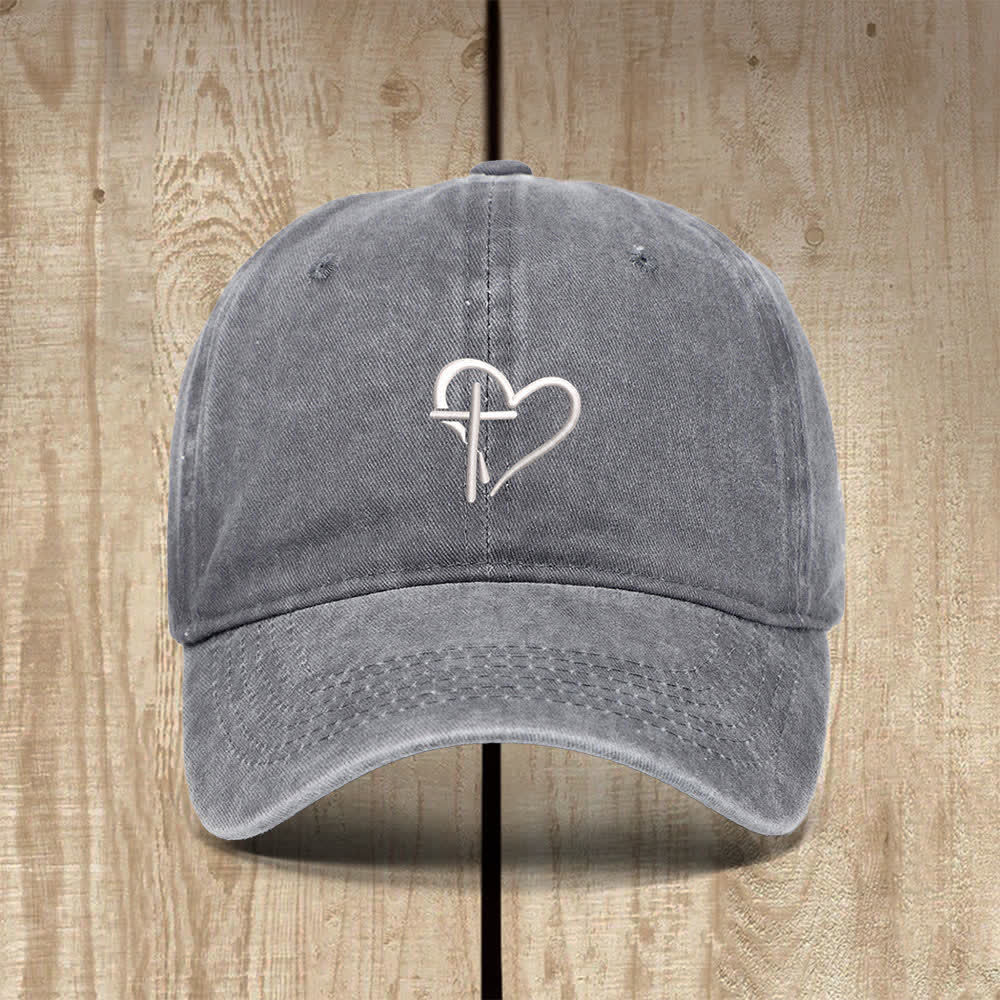 Christianartworkshop Heart Cross Symbol Embroidered Classic Casual Hat - Grey - image 4