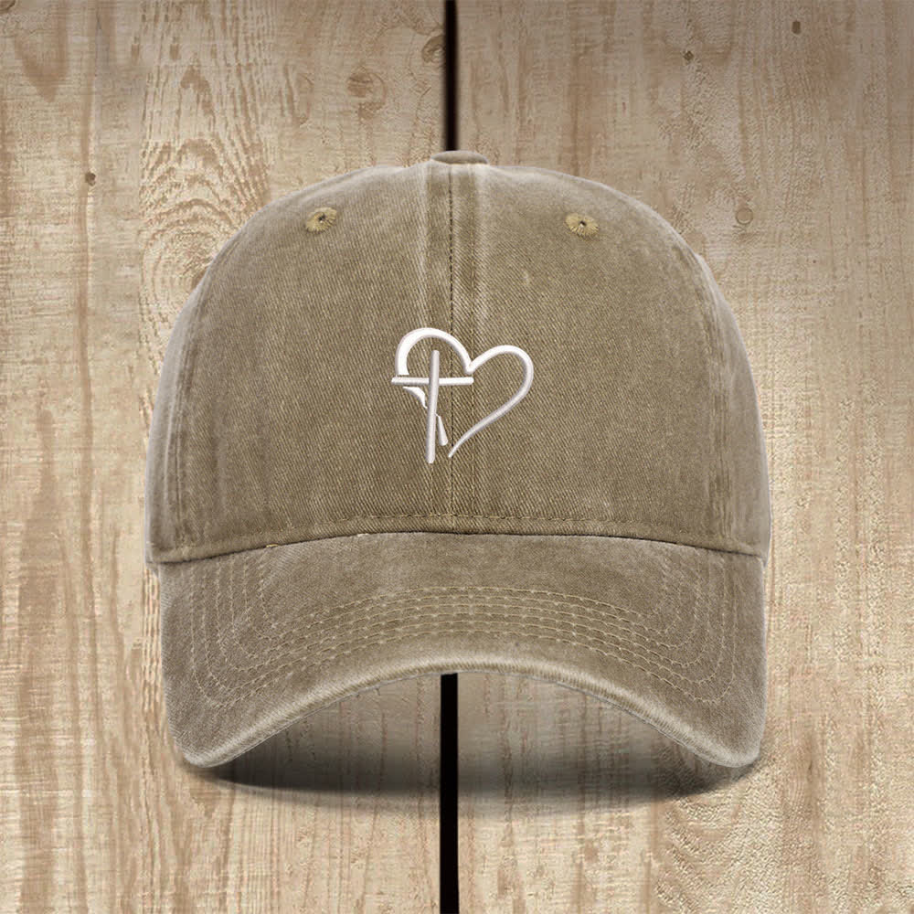 Christianartworkshop Heart Cross Symbol Embroidered Classic Casual Hat - Khaki - image 5