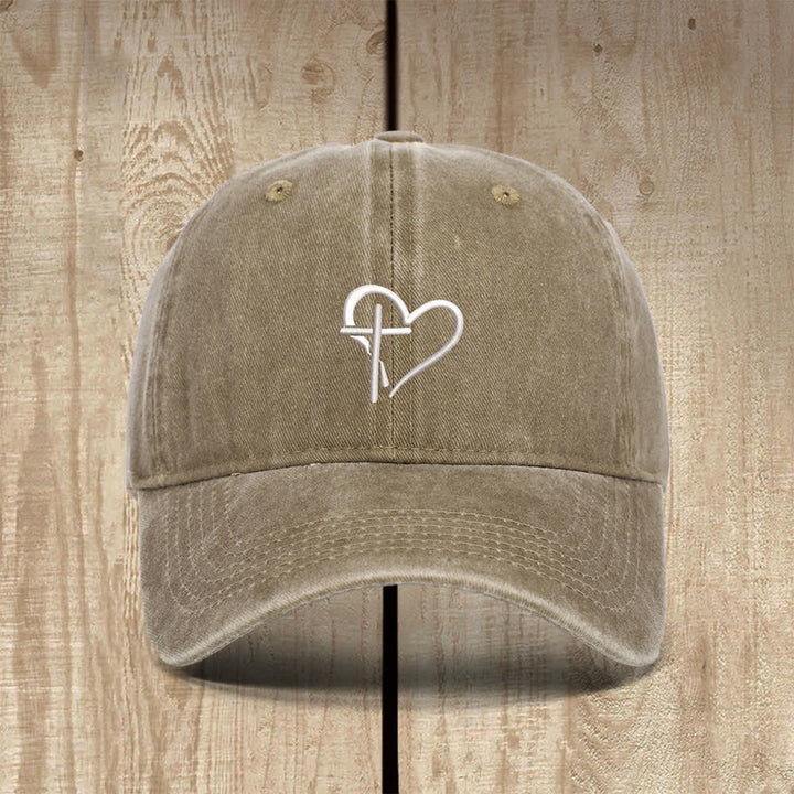 Christianartworkshop Heart Cross Symbol Embroidered Classic Casual Hat - Khaki - image 5