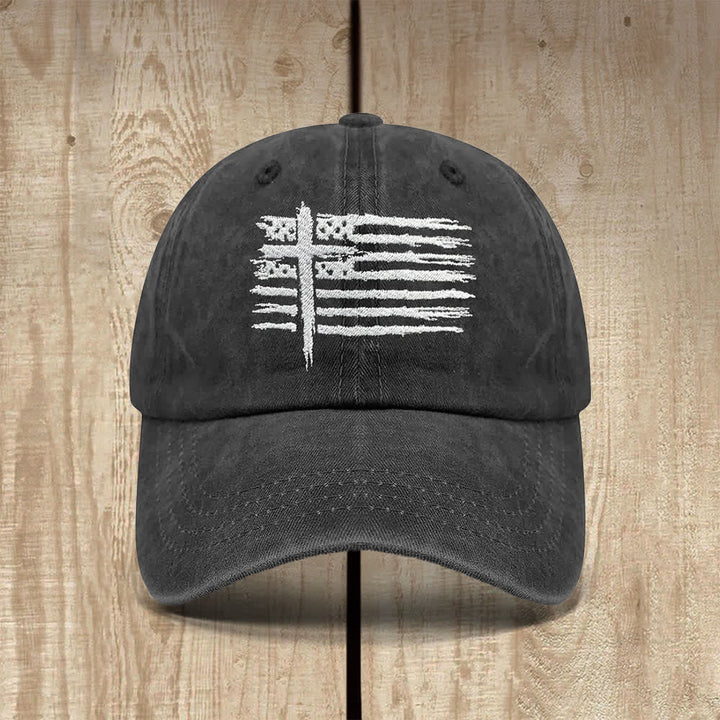 Christianartworkshop Distressed American Flag Cross Embroidered Classic Casual Hat - The USA  Flag & Cross - image 0