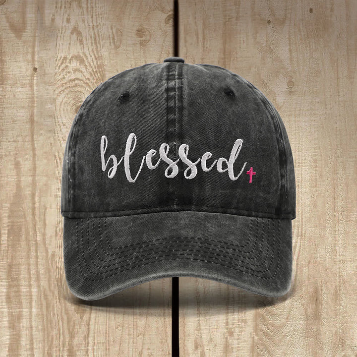 Christianartworkshop Blessed Cursive Letter Small Cross Embroidered Classic Casual Hat - Black - image 0