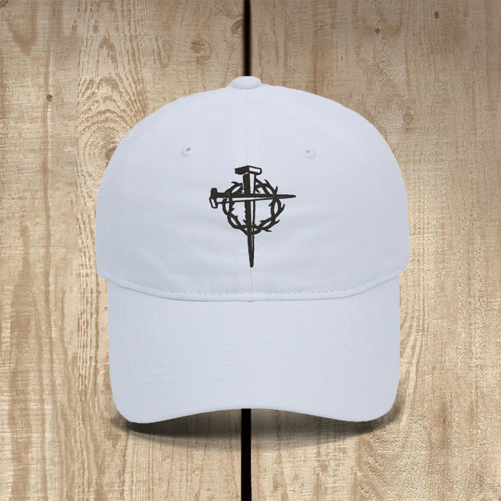 Christianartworkshop Crown Of Thorns Nails Cross Symbol Embroidered Classic Casual Hat - White - image 1