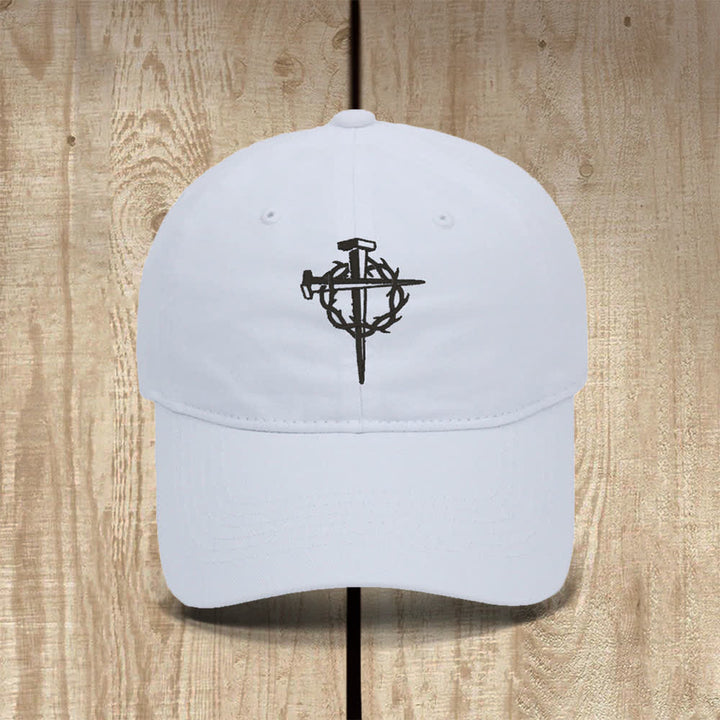 Christianartworkshop Crown Of Thorns Nails Cross Symbol Embroidered Classic Casual Hat - White - image 1