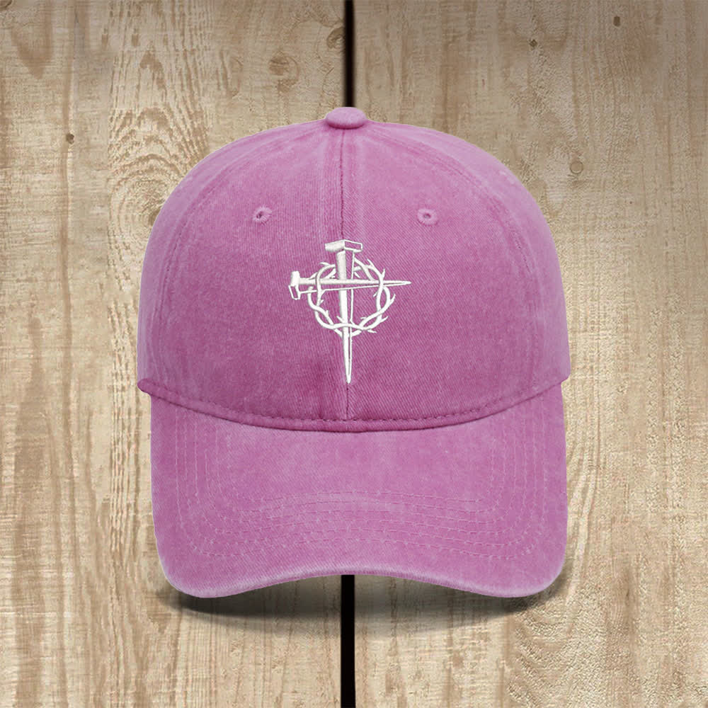 Christianartworkshop Crown Of Thorns Nails Cross Symbol Embroidered Classic Casual Hat - Pink - image 5