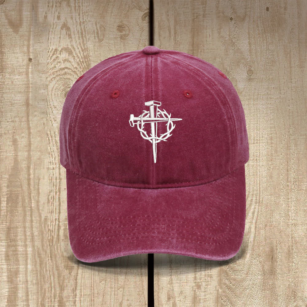 Christianartworkshop Crown Of Thorns Nails Cross Symbol Embroidered Classic Casual Hat - Wine - image 7