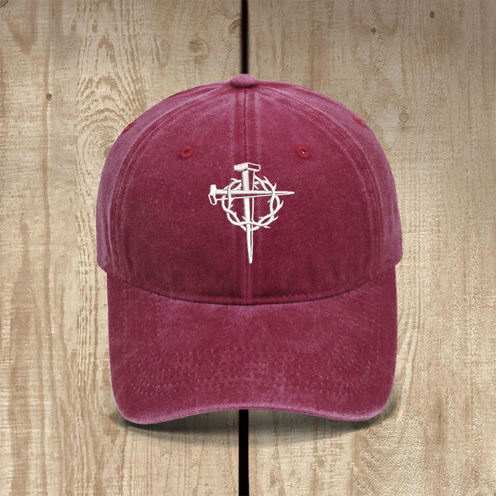 Christianartworkshop Crown Of Thorns Nails Cross Symbol Embroidered Classic Casual Hat - Wine - image 7