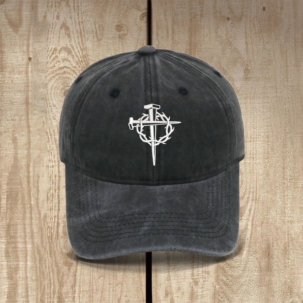 Christianartworkshop Crown Of Thorns Nails Cross Symbol Embroidered Classic Casual Hat - Black - image 2