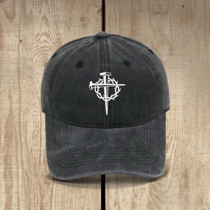 Christianartworkshop Crown Of Thorns Nails Cross Symbol Embroidered Classic Casual Hat - Black - image 2