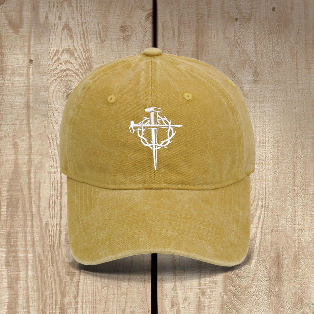 Christianartworkshop Crown Of Thorns Nails Cross Symbol Embroidered Classic Casual Hat - Yellow - image 9