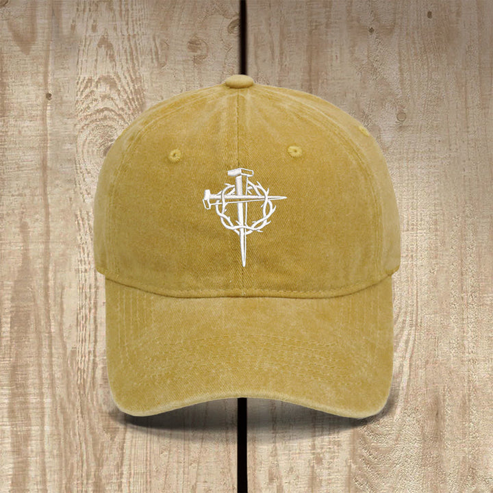 Christianartworkshop Crown Of Thorns Nails Cross Symbol Embroidered Classic Casual Hat - Yellow - image 9