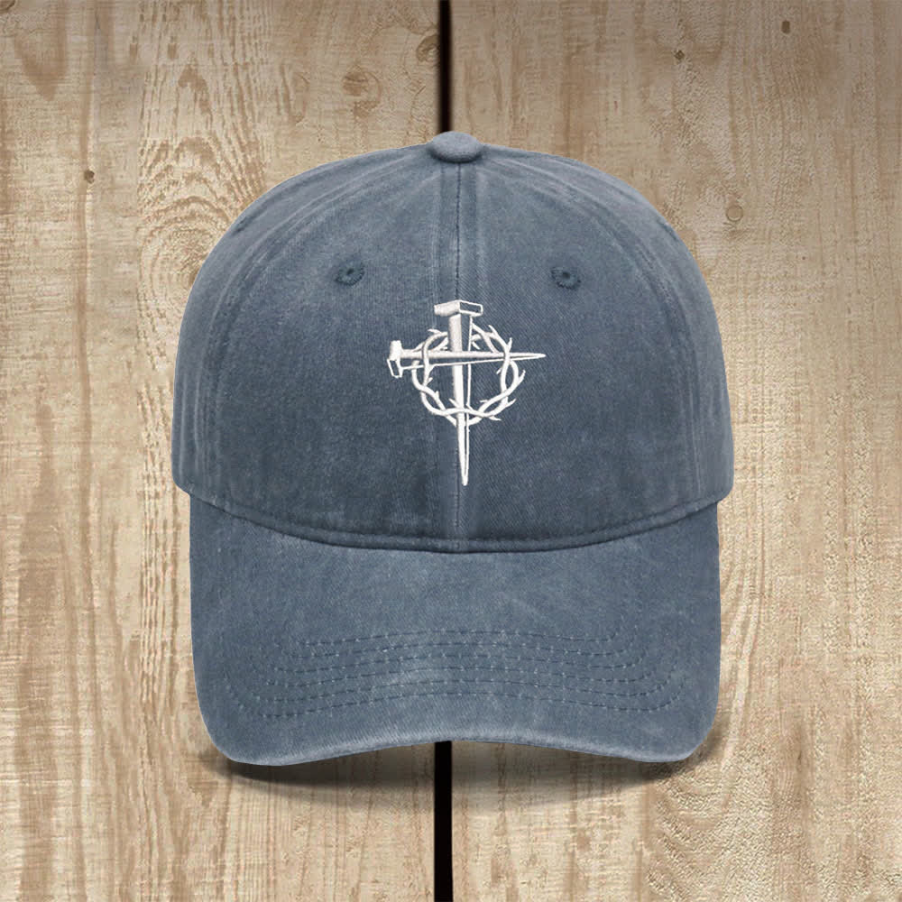 Christianartworkshop Crown Of Thorns Nails Cross Symbol Embroidered Classic Casual Hat - Grey - image 3