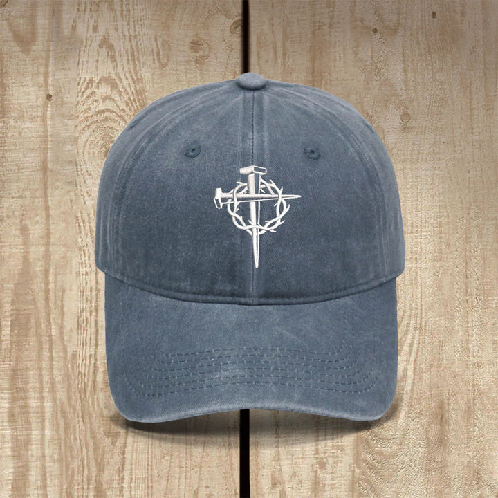 Christianartworkshop Crown Of Thorns Nails Cross Symbol Embroidered Classic Casual Hat - Grey - image 3