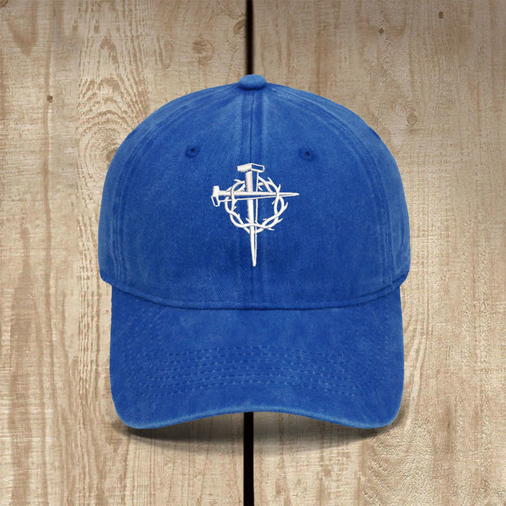 Christianartworkshop Crown Of Thorns Nails Cross Symbol Embroidered Classic Casual Hat - Royal Blue - image 15