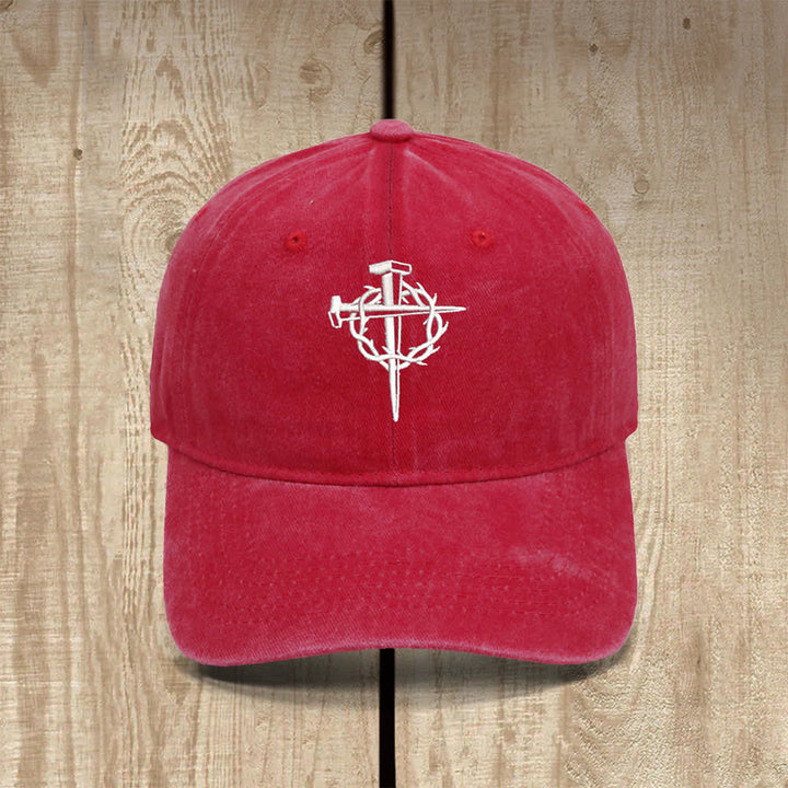 Christianartworkshop Crown Of Thorns Nails Cross Symbol Embroidered Classic Casual Hat - Red - image 8