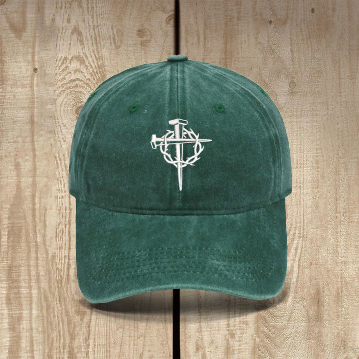 Christianartworkshop Crown Of Thorns Nails Cross Symbol Embroidered Classic Casual Hat - Dark Green - image 17