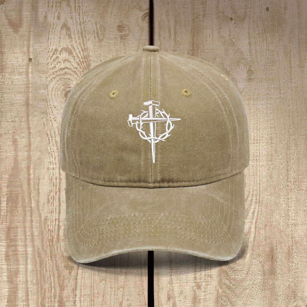 Christianartworkshop Crown Of Thorns Nails Cross Symbol Embroidered Classic Casual Hat - Khaki - image 4