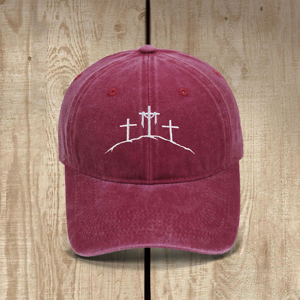 Christianartworkshop Three Hilltop Crosses Symbol Embroidered Classic Casual Hat - Wine - image 6