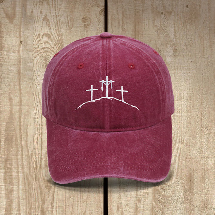Christianartworkshop Three Hilltop Crosses Symbol Embroidered Classic Casual Hat - Wine - image 6
