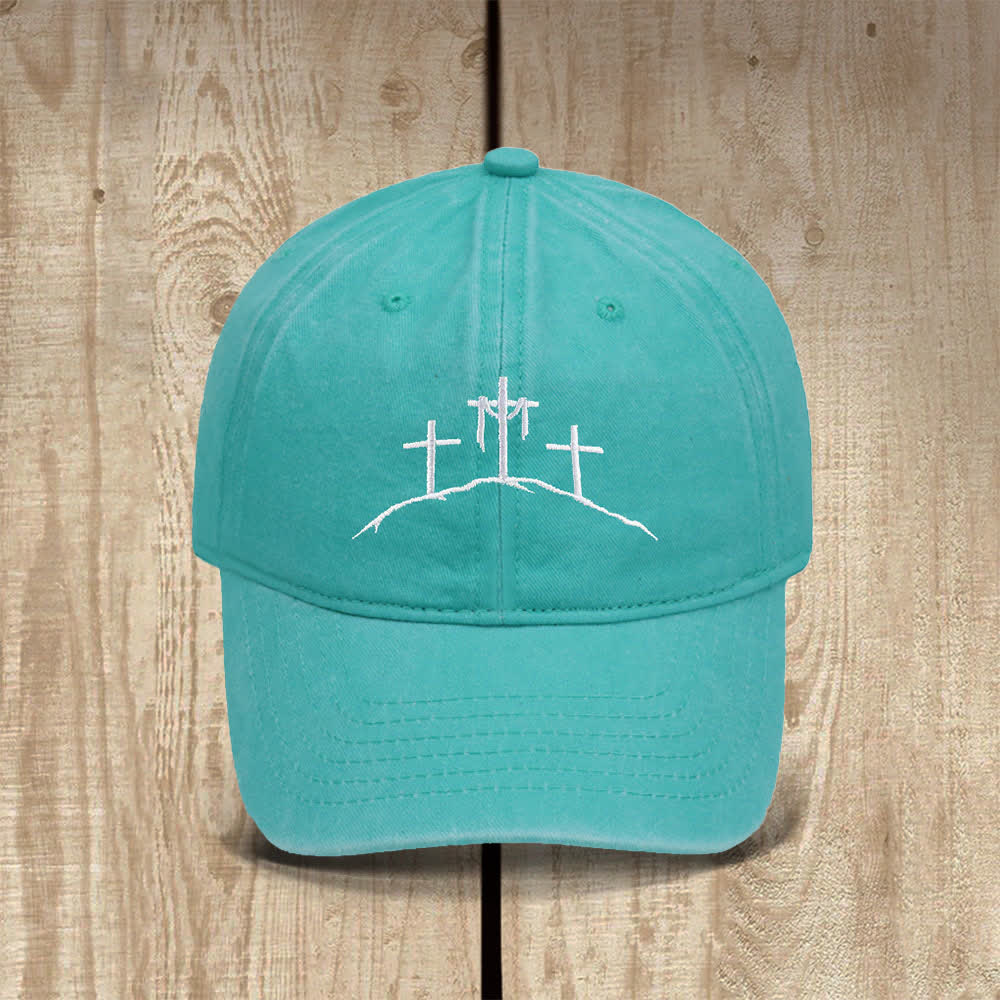 Christianartworkshop Three Hilltop Crosses Symbol Embroidered Classic Casual Hat - Light Green - image 18