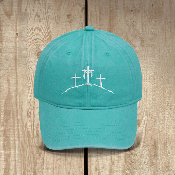 Christianartworkshop Three Hilltop Crosses Symbol Embroidered Classic Casual Hat - Light Green - image 18