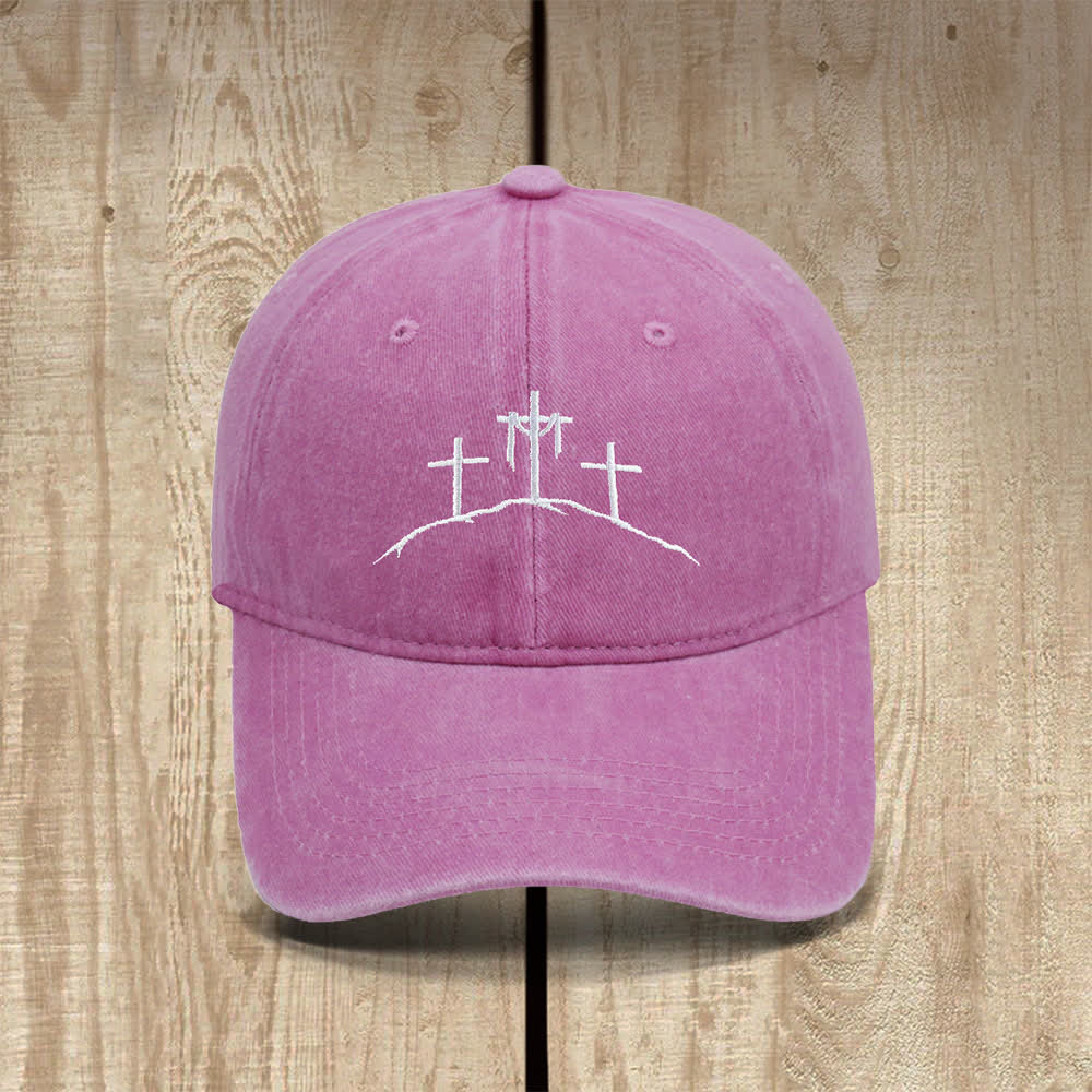 Christianartworkshop Three Hilltop Crosses Symbol Embroidered Classic Casual Hat - Pink - image 3