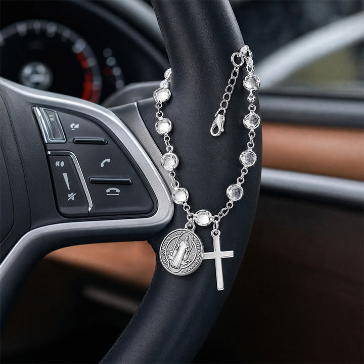 Christianartworkshop Portable Devotional Wrist Rosary With St. Benedict Charm: Vessel of Steadfast Blessed Protection - Silver - image 0