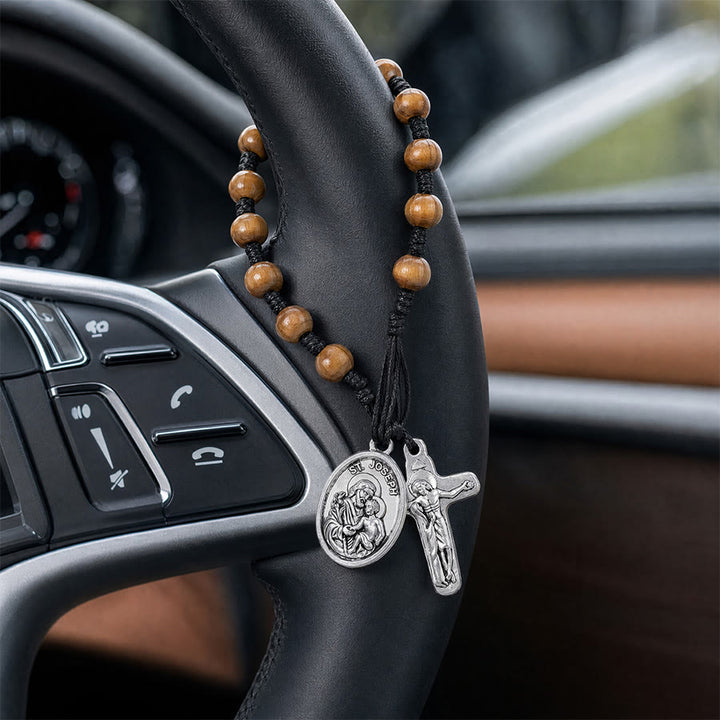 Christianartworkshop Hand Knotted Wooden Bead Wrist Rosary With St. Joseph Medal & Crucifix: Emblem of Family Celestial Safeguard - St. Joseph - image 0