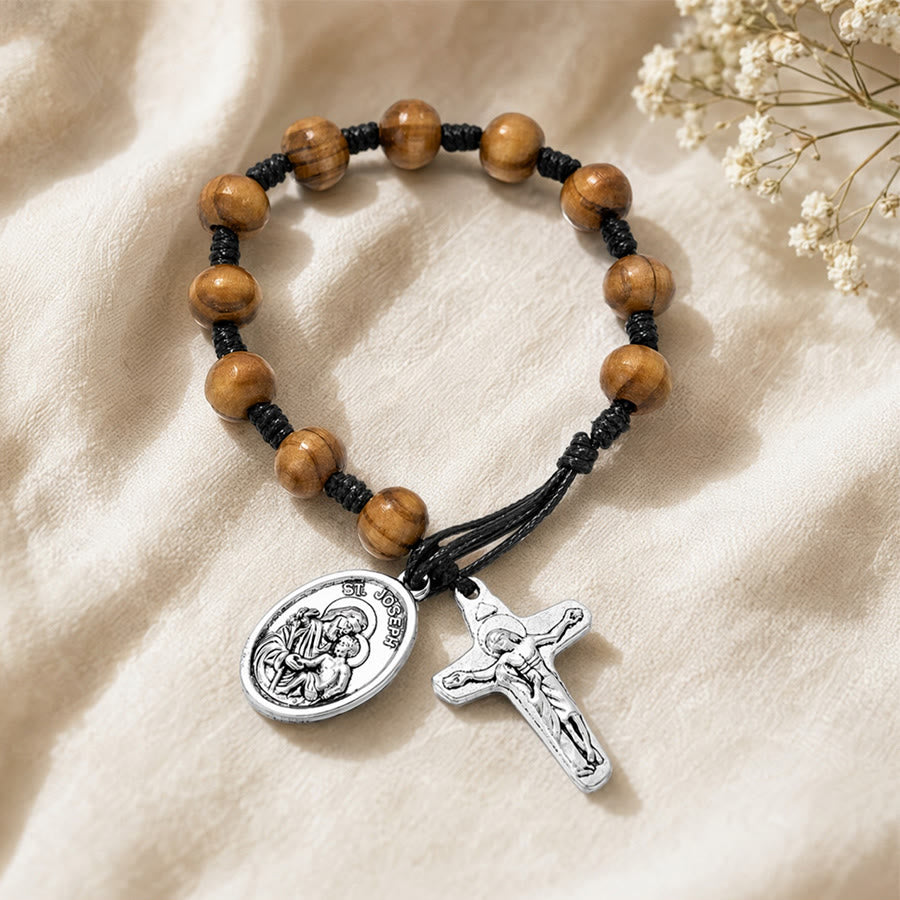 Christianartworkshop Hand Knotted Wooden Bead Wrist Rosary With St. Joseph Medal & Crucifix: Emblem of Family Celestial Safeguard - image 2