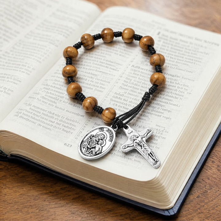Christianartworkshop Hand Knotted Wooden Bead Wrist Rosary With St. Joseph Medal & Crucifix: Emblem of Family Celestial Safeguard - image 1