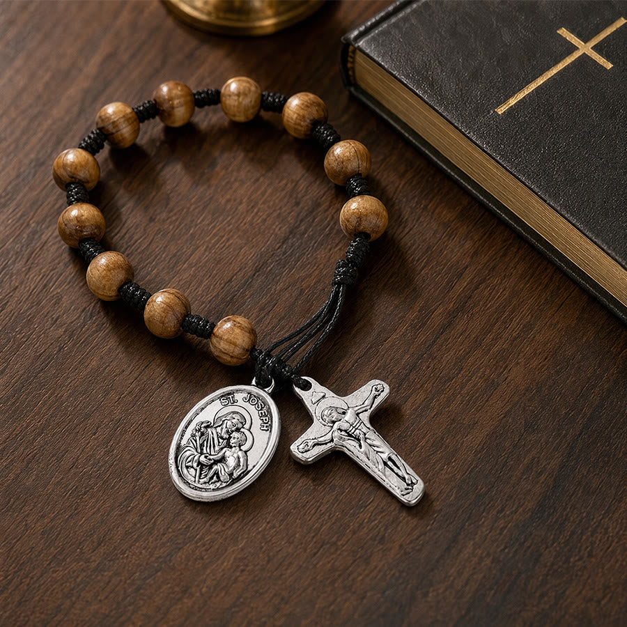 Christianartworkshop Hand Knotted Wooden Bead Wrist Rosary With St. Joseph Medal & Crucifix: Emblem of Family Celestial Safeguard - image 5
