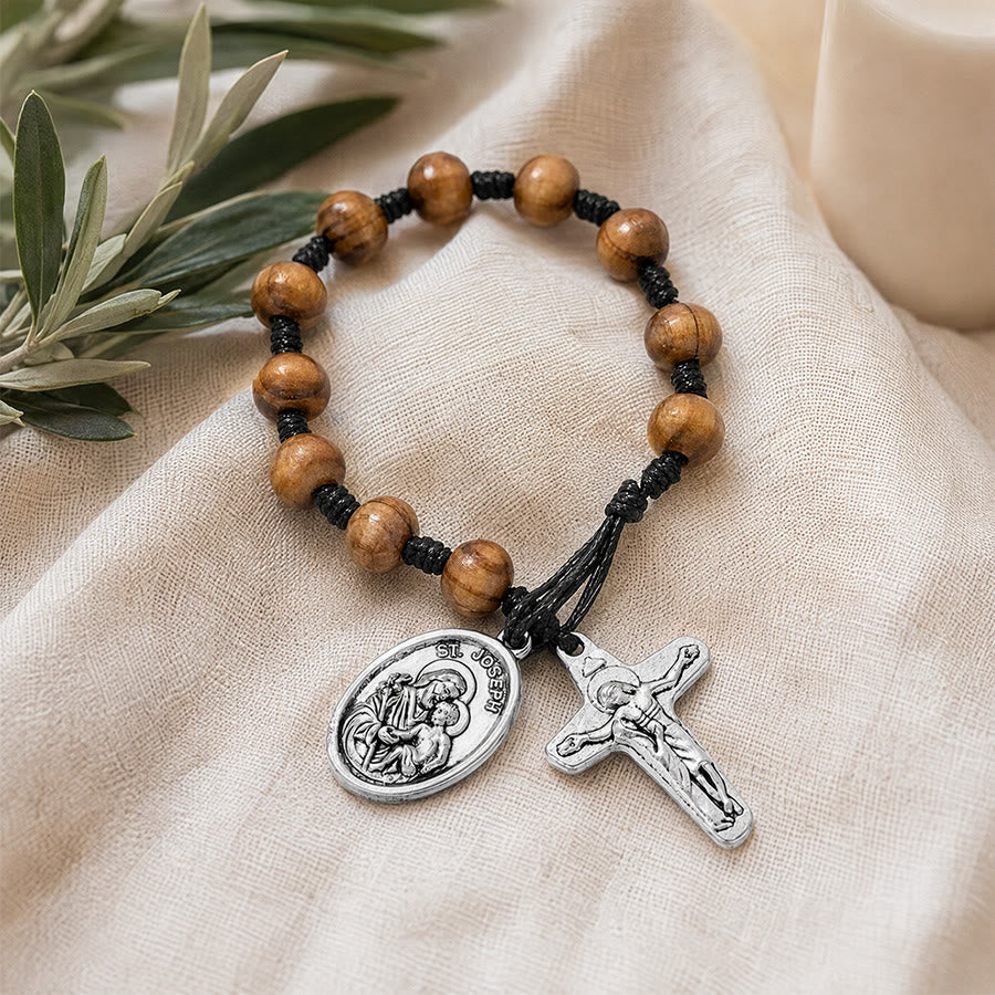 Christianartworkshop Hand Knotted Wooden Bead Wrist Rosary With St. Joseph Medal & Crucifix: Emblem of Family Celestial Safeguard - image 7