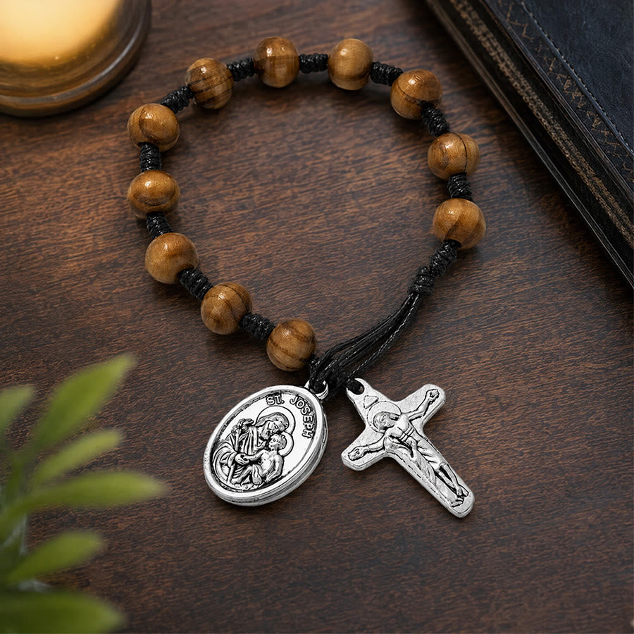 Christianartworkshop Hand Knotted Wooden Bead Wrist Rosary With St. Joseph Medal & Crucifix: Emblem of Family Celestial Safeguard - image 6