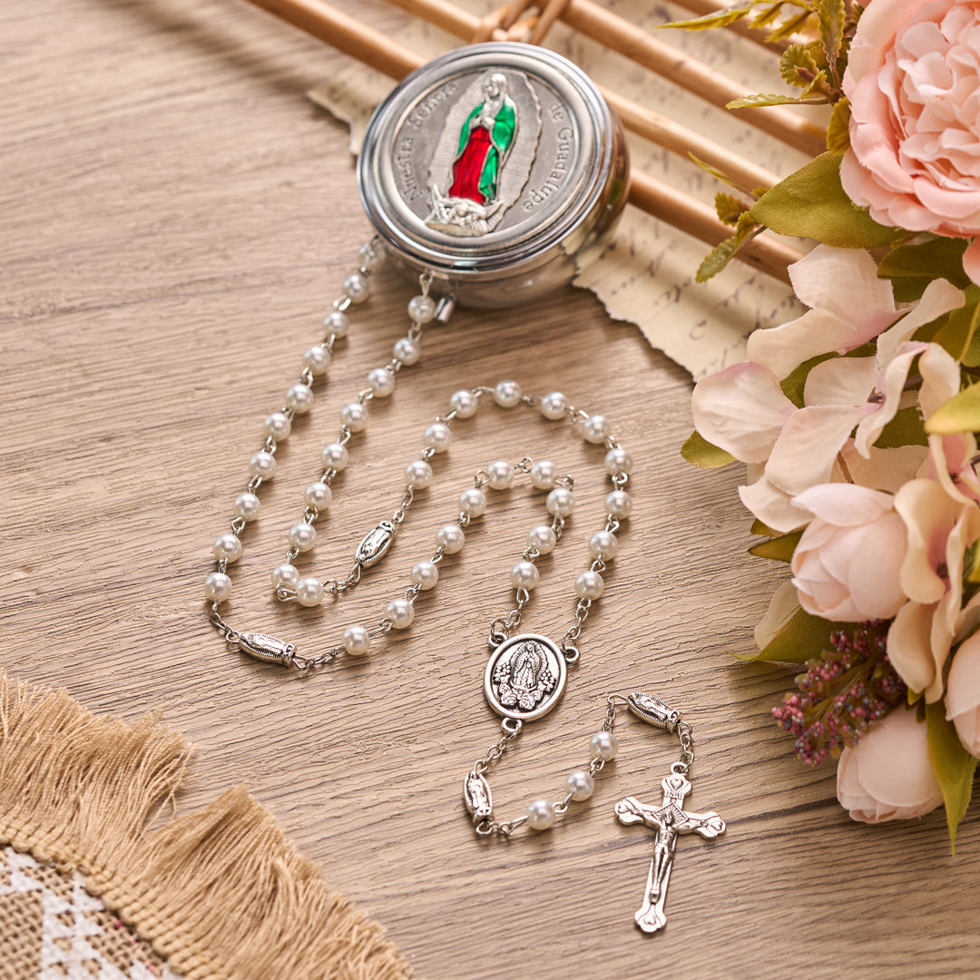 Christianartworkshop Multicolor Bead Guadalupe Rosary with Engraved Storage Case: Token of Tender Heavenly Comfort - Silver Box - White - image 15