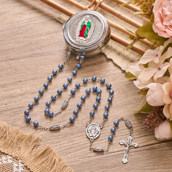 Christianartworkshop Multicolor Bead Guadalupe Rosary with Engraved Storage Case: Token of Tender Heavenly Comfort - Silver Box - Dark Blue - image 25