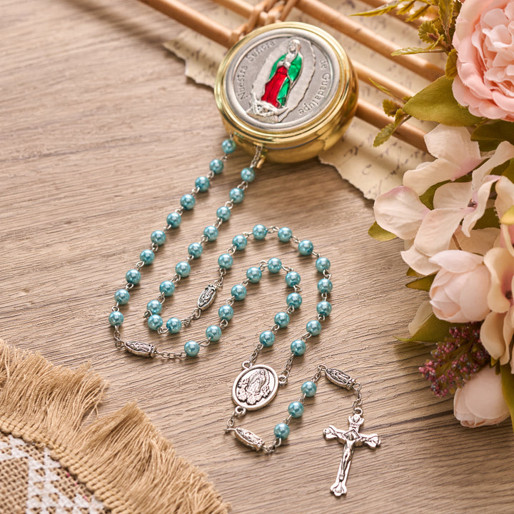 Christianartworkshop Multicolor Bead Guadalupe Rosary with Engraved Storage Case: Token of Tender Heavenly Comfort - Golden Box - Light Blue - image 0