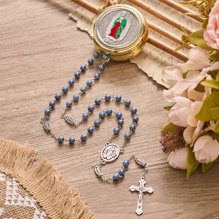 Christianartworkshop Multicolor Bead Guadalupe Rosary with Engraved Storage Case: Token of Tender Heavenly Comfort - Golden Box - Dark Blue - image 24