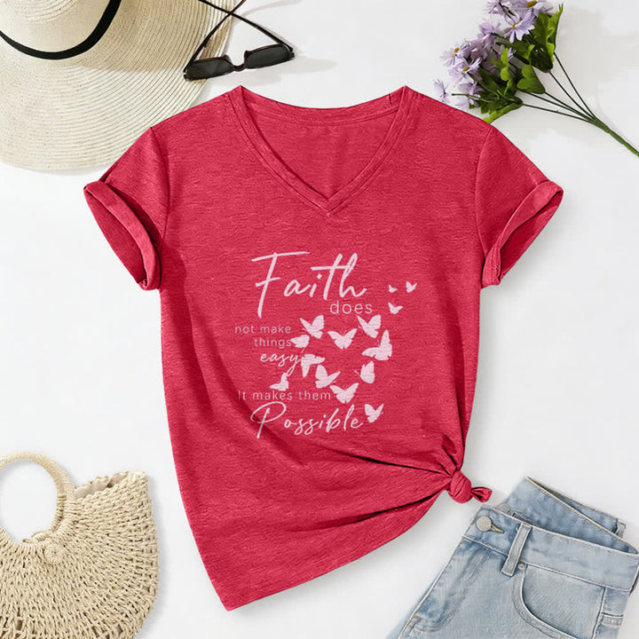 Christianartworkshop Faith Does Not Make Things Easy Butterfly Letter Print Casual V-neck T-shirt - Red - 2XL - image 14