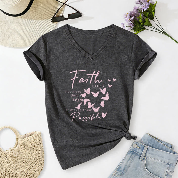 Christianartworkshop Faith Does Not Make Things Easy Butterfly Letter Print Casual V-neck T-shirt - Dark Grey - 2XL - image 4