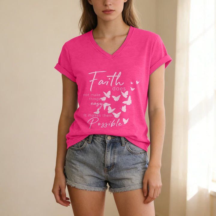Christianartworkshop Faith Does Not Make Things Easy Butterfly Letter Print Casual V-neck T-shirt - image 23