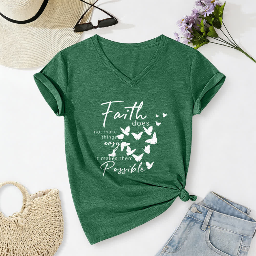 Christianartworkshop Faith Does Not Make Things Easy Butterfly Letter Print Casual V-neck T-shirt - Dark Green - 2XL - image 10