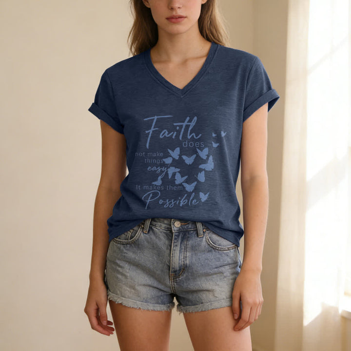 Christianartworkshop Faith Does Not Make Things Easy Butterfly Letter Print Casual V-neck T-shirt - image 9
